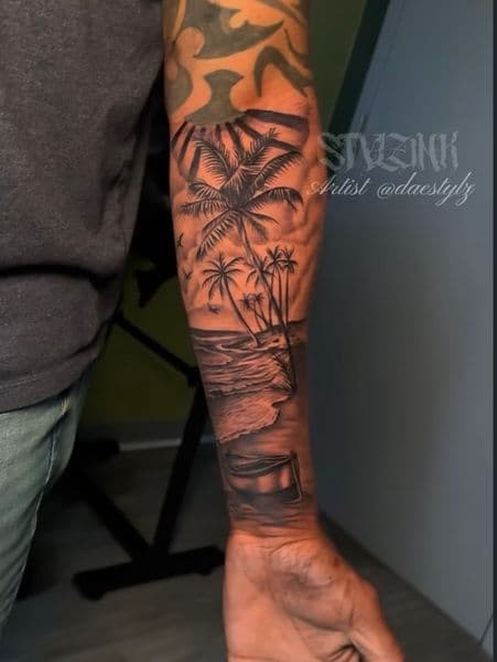 Black & Grey + Illustrative palm trees tattoo on Forearm by STYLZINK on TattMe