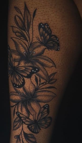 Black & Grey + Floral butterflies tattoo on Calf by Khemical_X on TattMe