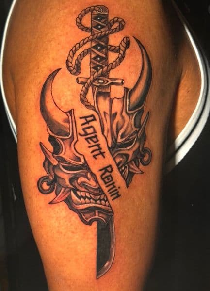 Black & Grey + Japanese hannya mask tattoo on Upper Arm by Khemical_X on TattMe