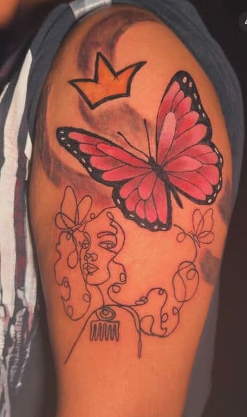 Fine Line + Color butterfly tattoo on Upper Arm by Khemical_X on TattMe
