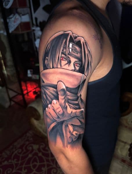 Anime + Black & Grey anime character tattoo on Upper Arm by Kaveh on TattMe