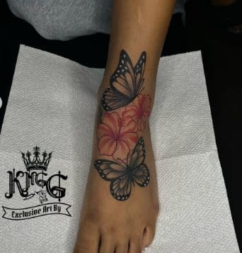 Floral + Black & Grey butterflies tattoo on Foot by Armarta_Gibbs on TattMe