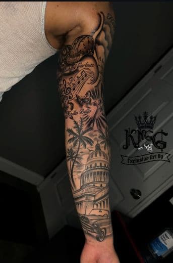 Black & Grey + Illustrative palm trees tattoo on Full Sleeve by Armarta_Gibbs on TattMe