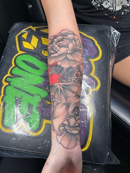 Black & Grey + Floral peony tattoo on Forearm by splattedby_BG on TattMe