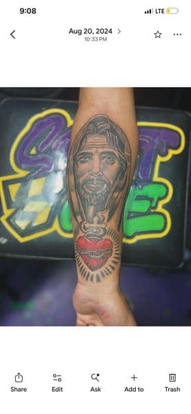 Black & Grey + Realism jesus tattoo on Forearm by splattedby_BG on TattMe