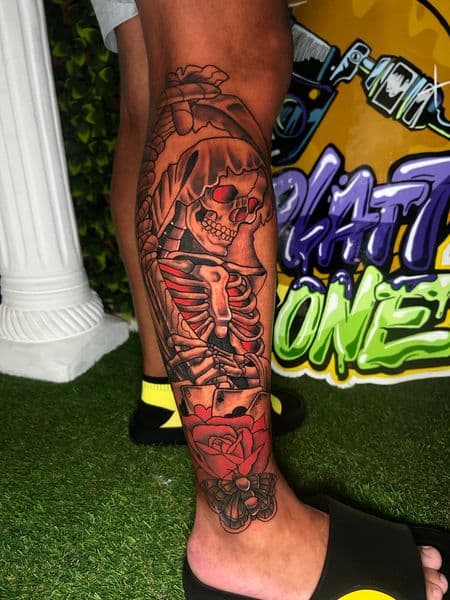 Black & Grey + Traditional grim reaper tattoo on Calf by splattedby_BG on TattMe