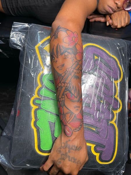 Anime + Illustrative anime girl tattoo on Forearm by splattedby_BG on TattMe