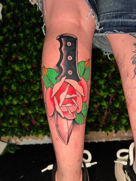 American Traditional + Traditional dagger tattoo on Shin by splattedby_BG on TattMe