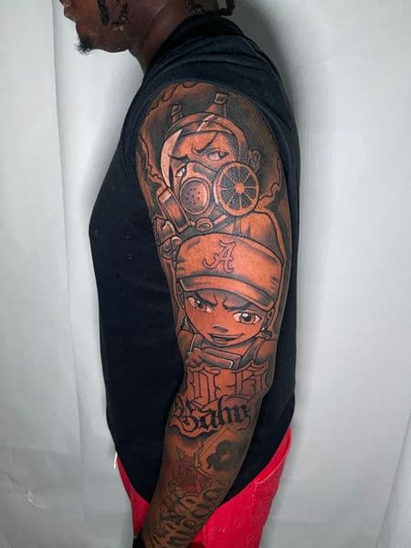 Illustrative + Black & Grey gas mask tattoo on Half Sleeve by splattedby_BG on TattMe