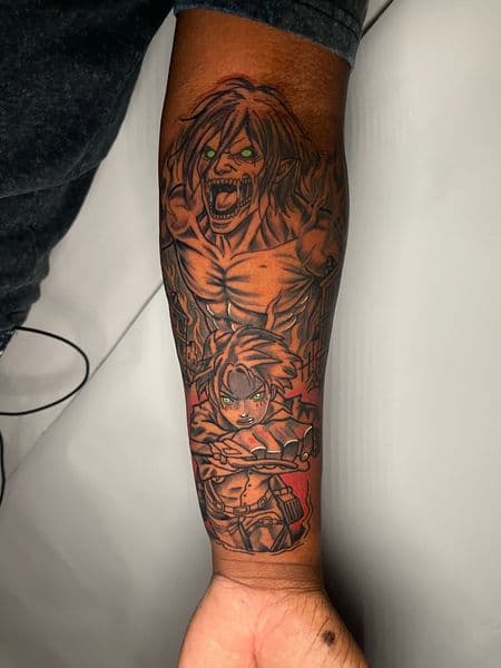 Anime + Black & Grey titan tattoo on Forearm by splattedby_BG on TattMe