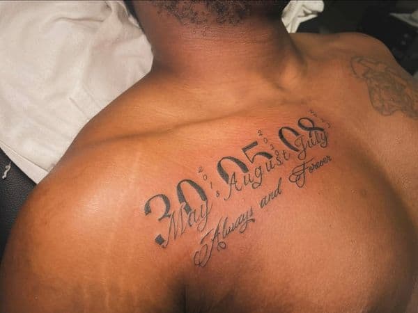 Lettering + Script numbers tattoo on Chest by Maya_Johnson on TattMe