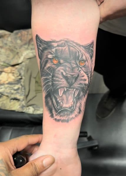 Black & Grey + Realism panther tattoo on Forearm by Ray on TattMe