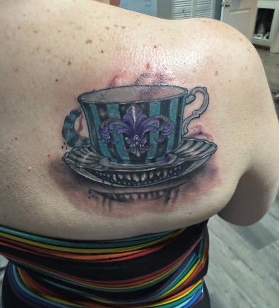 Color + Illustrative teacup tattoo on Shoulder Blade by Ray on TattMe