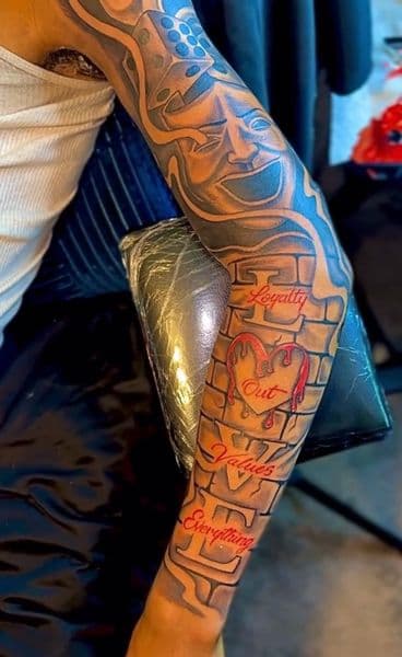 Chicano + Black & Grey mask tattoo on Full Sleeve by Drunkenn_Monkeyy on TattMe