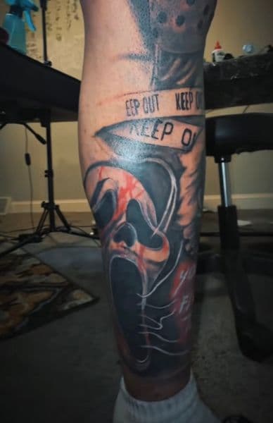 Horror + Black & Grey Ghostface tattoo on Calf by Drunkenn_Monkeyy on TattMe