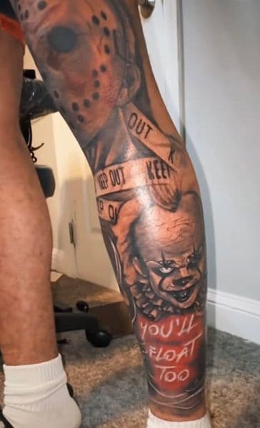 Black & Grey + Realism jason mask tattoo on Calf by Drunkenn_Monkeyy on TattMe