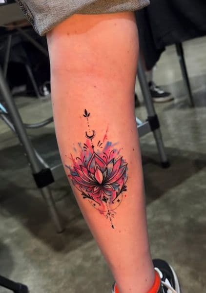 Watercolor + Floral lotus tattoo on Shin by Rell on TattMe