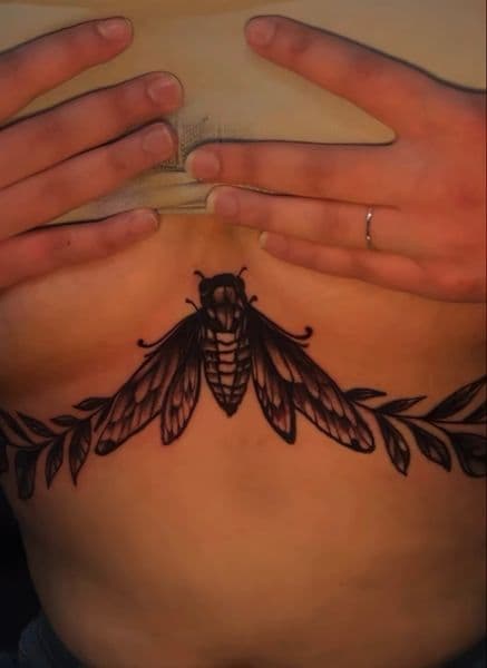 Black-work + Fine Line cicada tattoo on Sternum by Rell on TattMe