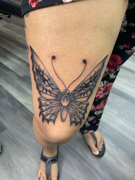 Black & Grey + Illustrative butterfly tattoo on Thigh by Trill.Tattoos on TattMe