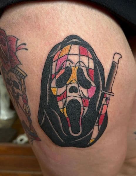 New School + Color ghostface tattoo on Thigh by Bryon_Nesbit on TattMe