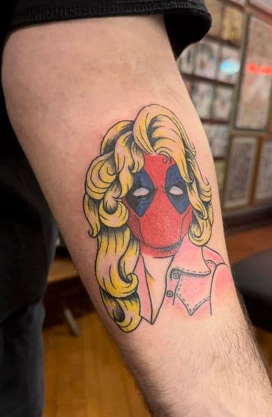 Traditional + New School deadpool tattoo on Forearm by Bryon_Nesbit on TattMe