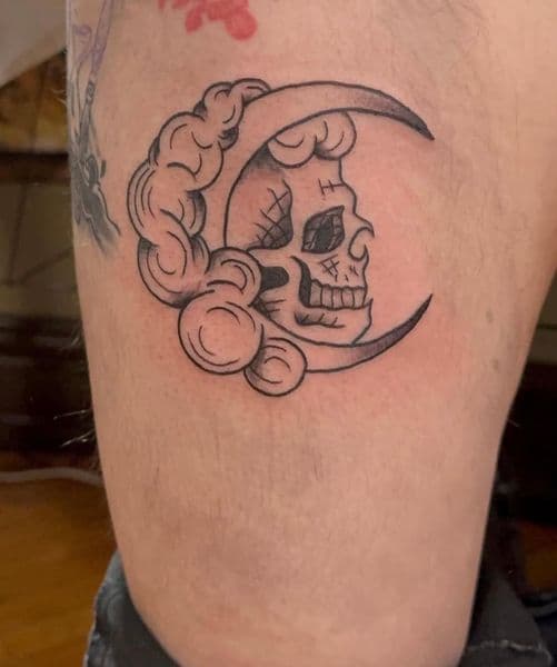 Traditional + Black & Grey moon tattoo on Thigh by Bryon_Nesbit on TattMe
