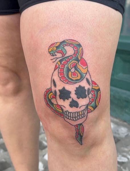 American Traditional + Color snake tattoo on Knee by Bryon_Nesbit on TattMe
