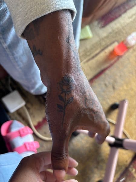 Fine Line + Black-work rose tattoo on Hand by bitchie on TattMe