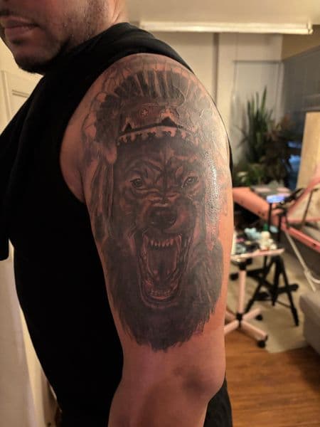 Cover-Ups + Realism wolf tattoo on Upper Arm by bitchie on TattMe