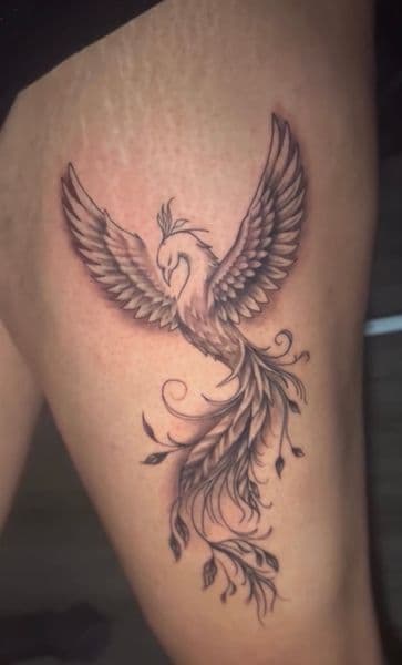 Fine Line + Black & Grey phoenix tattoo on Thigh by Nigel_Uno on TattMe