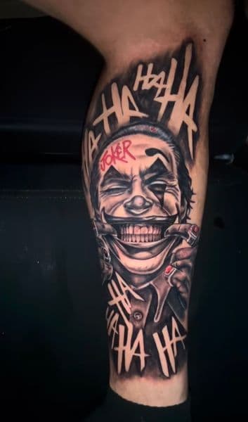 Realism + Black & Grey joker tattoo on Calf by Nigel_Uno on TattMe