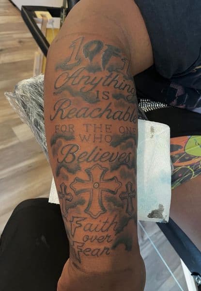 Lettering + Script lettering tattoo on Half Sleeve by Deshan_Potts on TattMe
