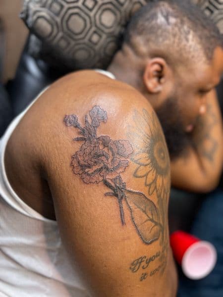 Fine Line + Black & Grey flowers tattoo on Upper Arm by Overall_Ink on TattMe