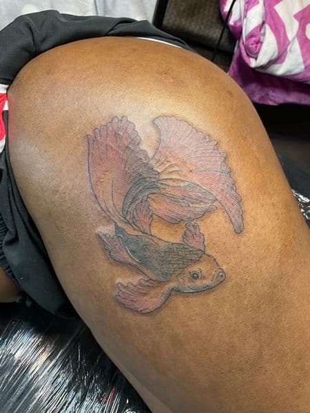 Color + Illustrative fish tattoo on Thigh by Overall_Ink on TattMe