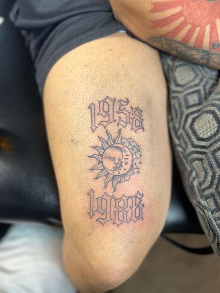 Lettering + Chicano numbers tattoo on Thigh by Overall_Ink on TattMe