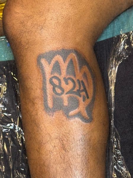 Lettering + Black-work virgo symbol tattoo on Calf by Overall_Ink on TattMe