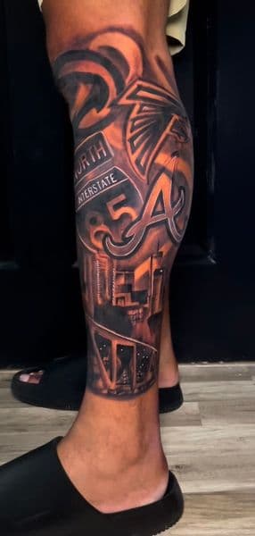 Illustrative + Color falcons logo tattoo on Calf by Inkfinatics on TattMe