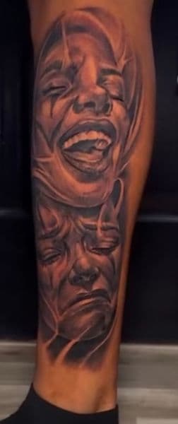 Black & Grey + Realism faces tattoo on Calf by Inkfinatics on TattMe
