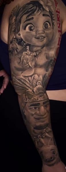 Black & Grey + Illustrative baby moana tattoo on Full Sleeve by Inkfinatics on TattMe