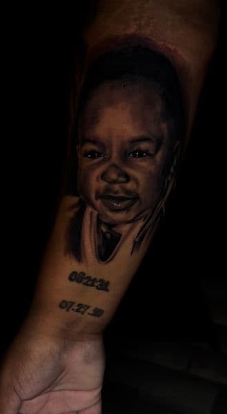Portrait Realism + Black & Grey baby tattoo on Forearm by Inkfinatics on TattMe