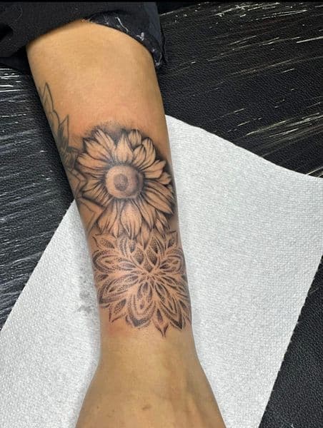 Black & Grey + Dot-work sunflower tattoo on Forearm by Najah_Padilla on TattMe