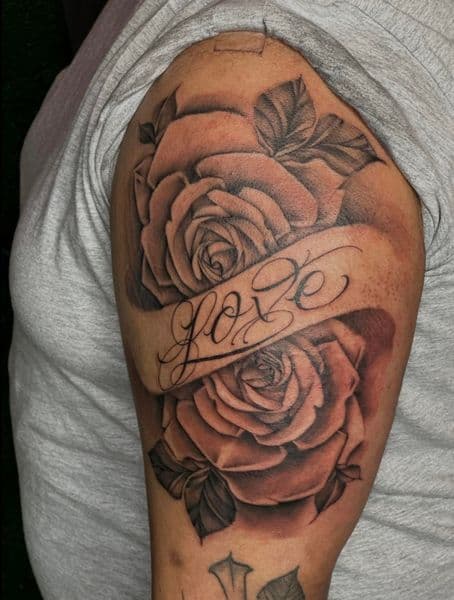 Black & Grey + Realism roses tattoo on Upper Arm by Najah_Padilla on TattMe