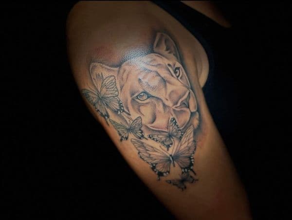 Black & Grey + Realism lioness tattoo on Upper Arm by Najah_Padilla on TattMe