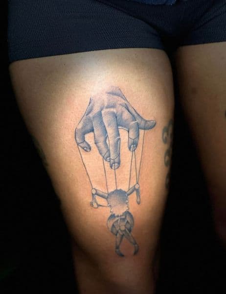 Black & Grey + Illustrative hand tattoo on Thigh by Najah_Padilla on TattMe