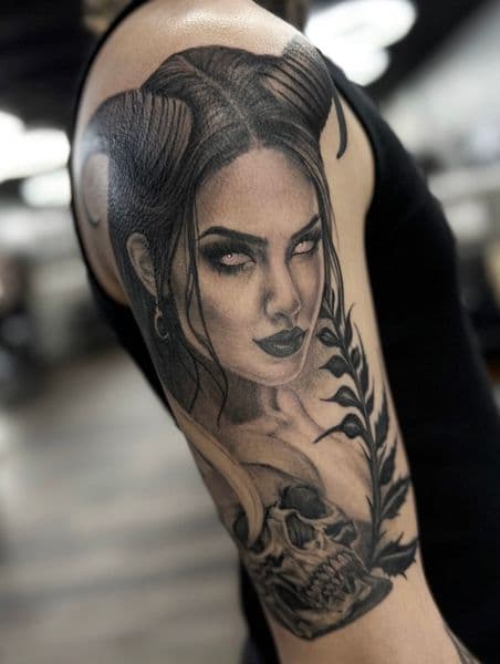 Black & Grey + Realism woman tattoo on Upper Arm by Amanda_Cervenka on TattMe