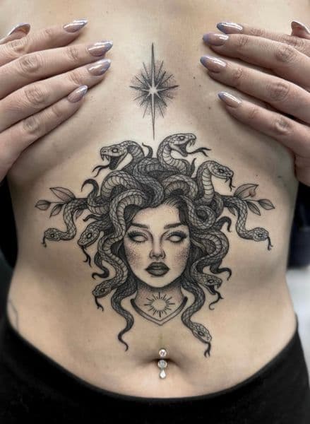 Black-work + Illustrative medusa tattoo on Sternum by Amanda_Cervenka on TattMe