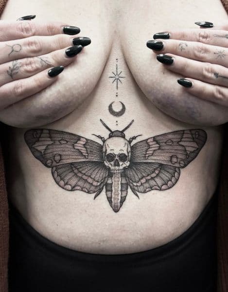 Black & Grey + Fine Line moth tattoo on Stomach by Amanda_Cervenka on TattMe