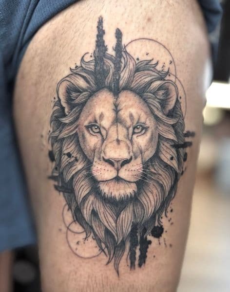 Black & Grey + Illustrative lion tattoo on Thigh by Amanda_Cervenka on TattMe
