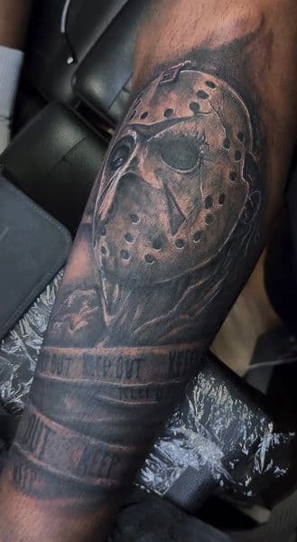 Black & Grey + Realism jason mask tattoo on Forearm by Marco_KingsB on TattMe