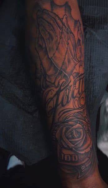 Black & Grey + Lettering praying hands tattoo on Forearm by Marco_KingsB on TattMe